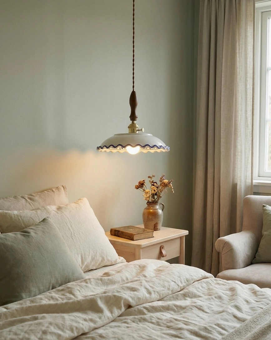 Cobalisse pendant light hung above bedside table in cozy master bedroom, soft warm lighting creates intimate ambiance with blue-and-white shade