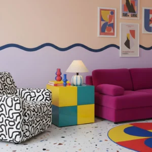 Blue and white candy striped modern table lamp in eclectic living room with terrazzo floor