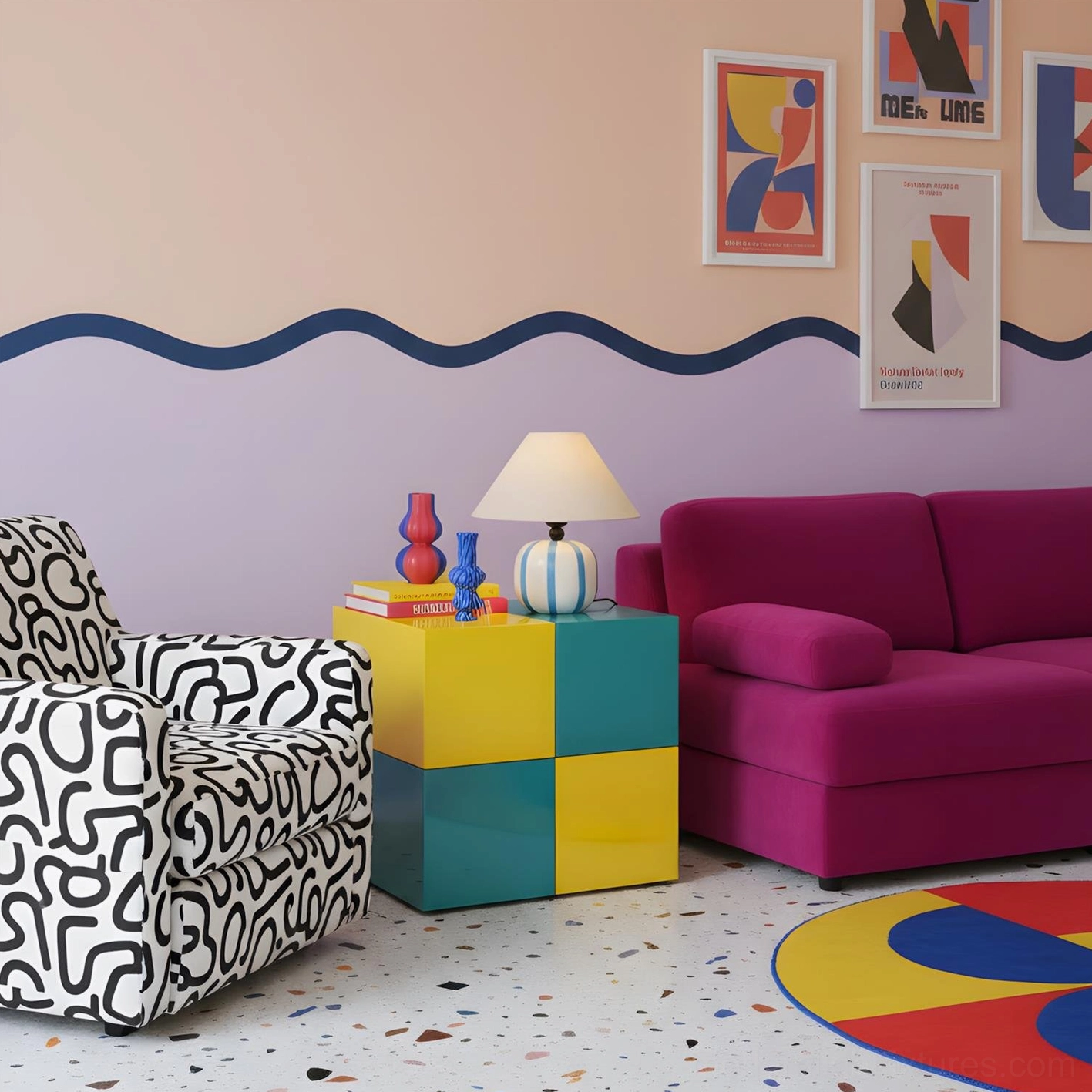 Blue and white candy striped modern table lamp in eclectic living room with terrazzo floor