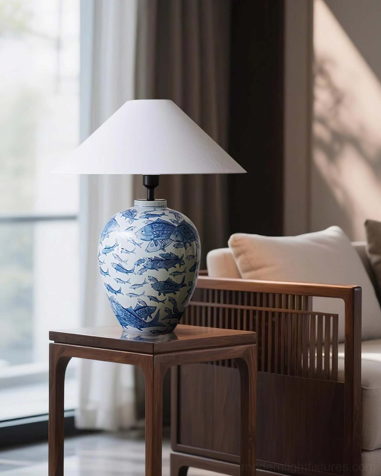 Blue and white fish-motif ceramic table lamp in residential living room interior, placed on dark wood side table beside sofa