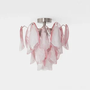 Bluselle pink glass petal flush mount ceiling light - overhead studio view of romantic botanical-inspired glass fixture with chrome hardware