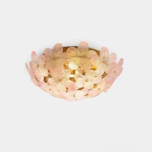 Blush pink floral glass ceiling light with gradient petal design and gold metal canopy - front view