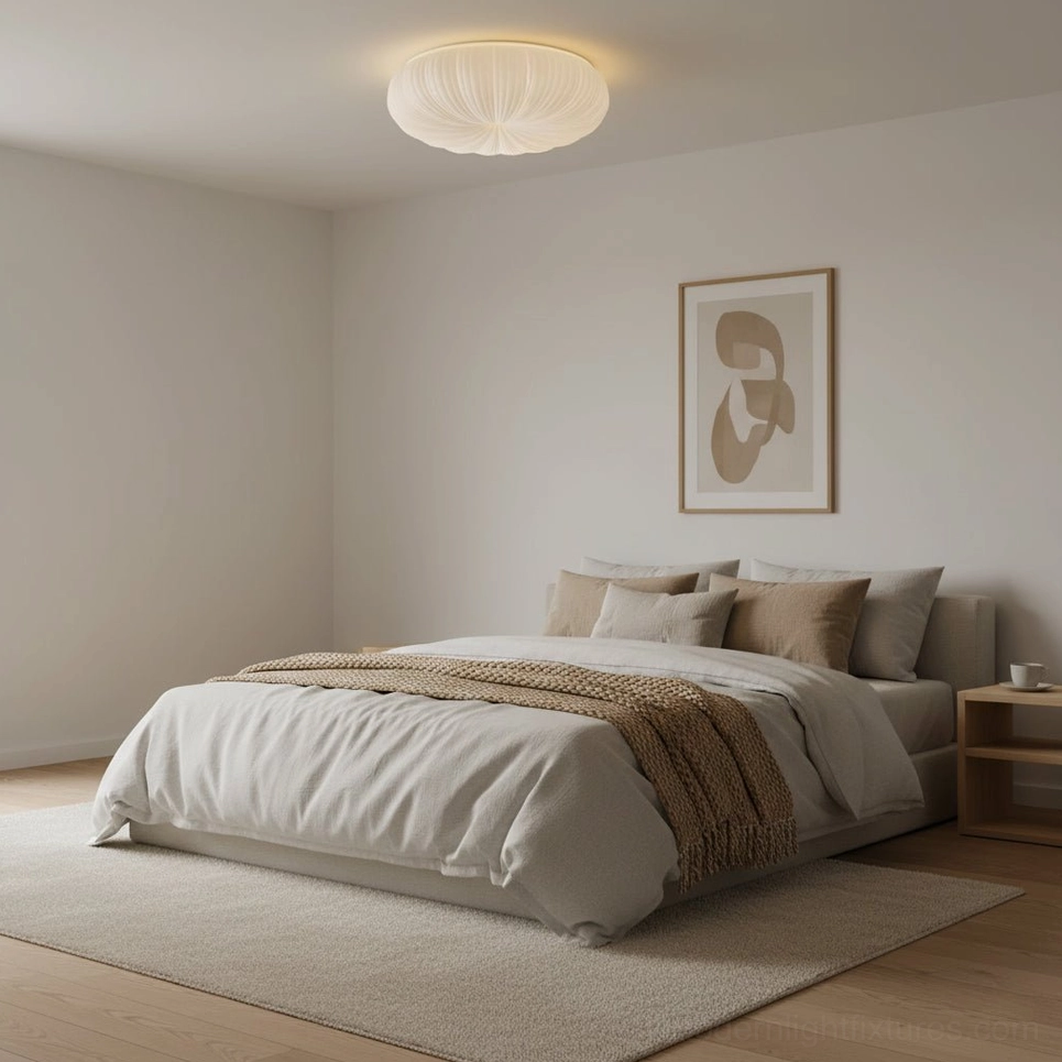 Bobby ceiling light installed in modern master bedroom above bed, providing soft even illumination in contemporary bedroom design