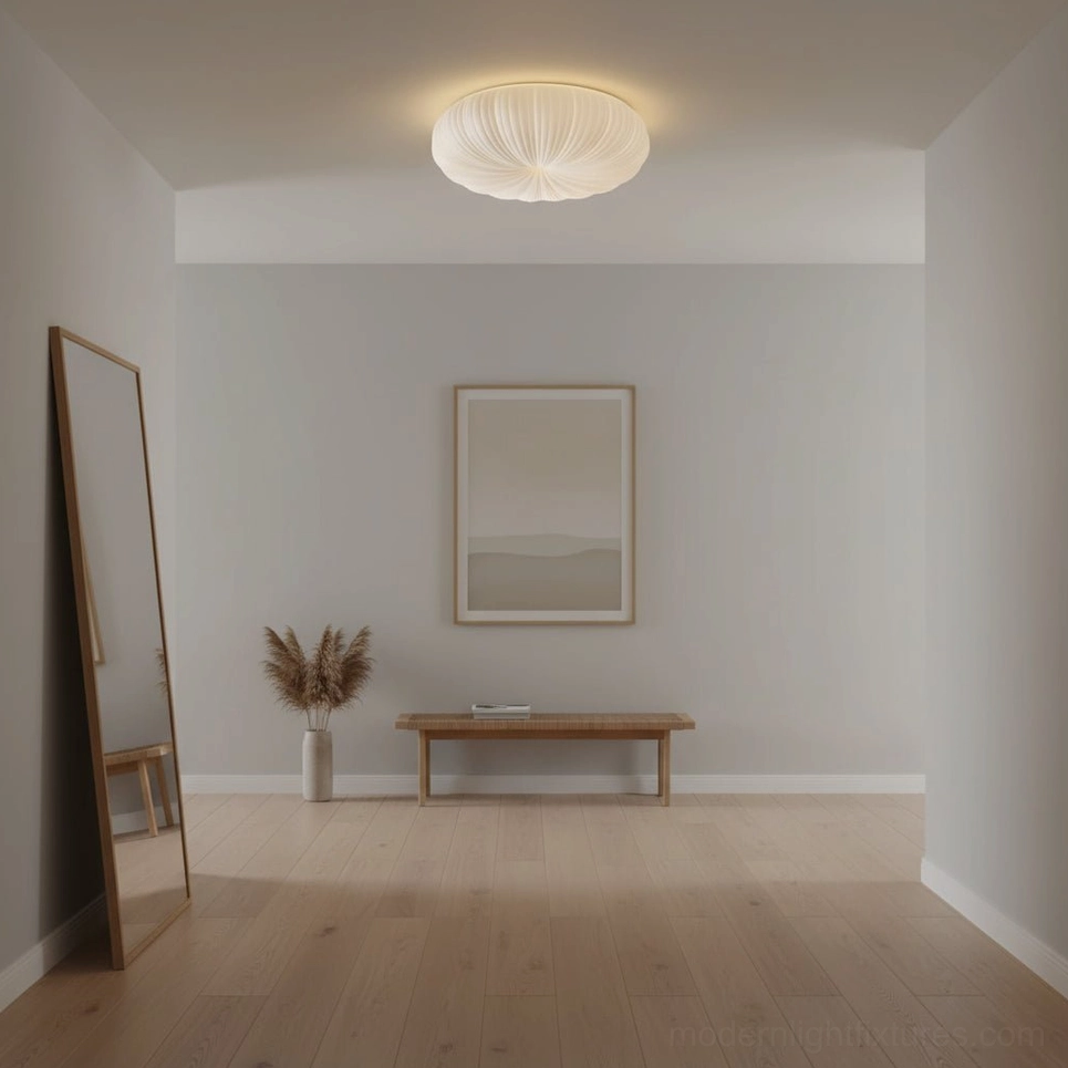 Cream pleated Bobby ceiling light in minimalist neutral entryway hallway with full-length mirror and wooden bench