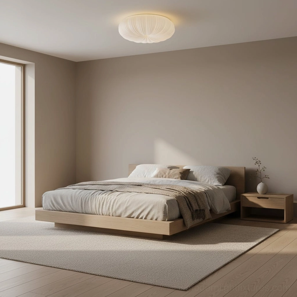 Bobby ceiling fixture showing radial ribbed pleated acrylic surface in warm white 3000K color temperature
