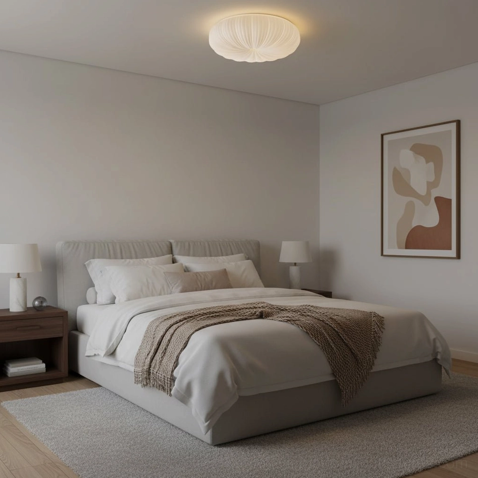 Bobby flush mount ceiling light in minimalist bedroom with darker area rug, neutral minimalist home decor aesthetic