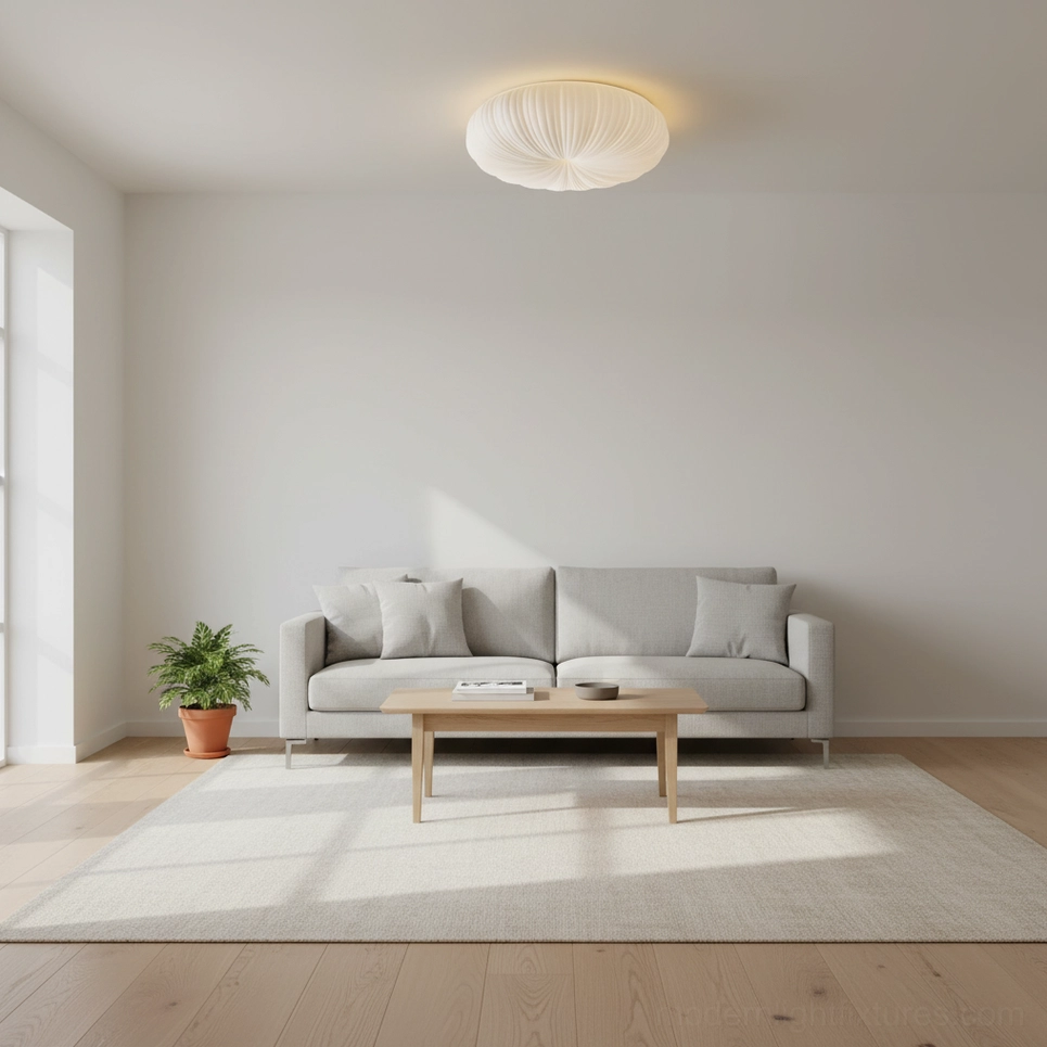 Bobby flush mount ceiling light in minimalist modern living room with gray sofa, wooden coffee table and potted plant