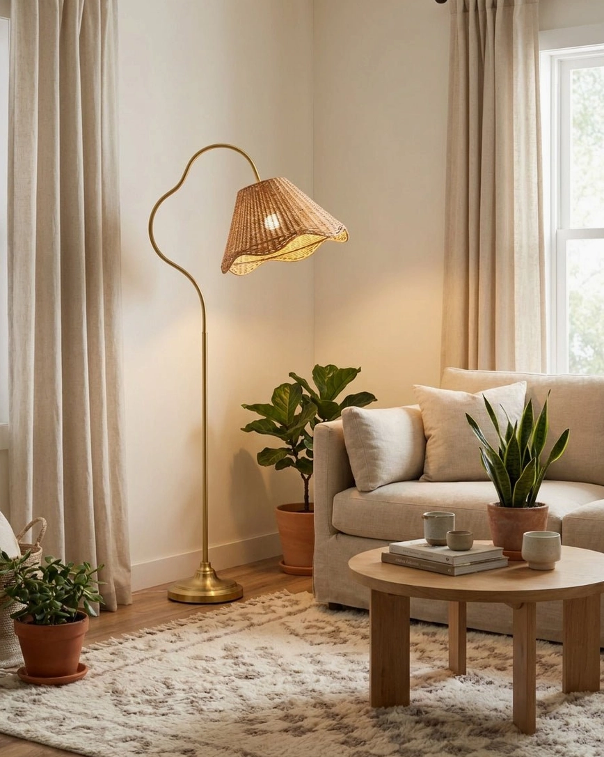Modern rattan floor lamp with curved gold stem in cozy living room with sofa, coffee table, and potted greenery