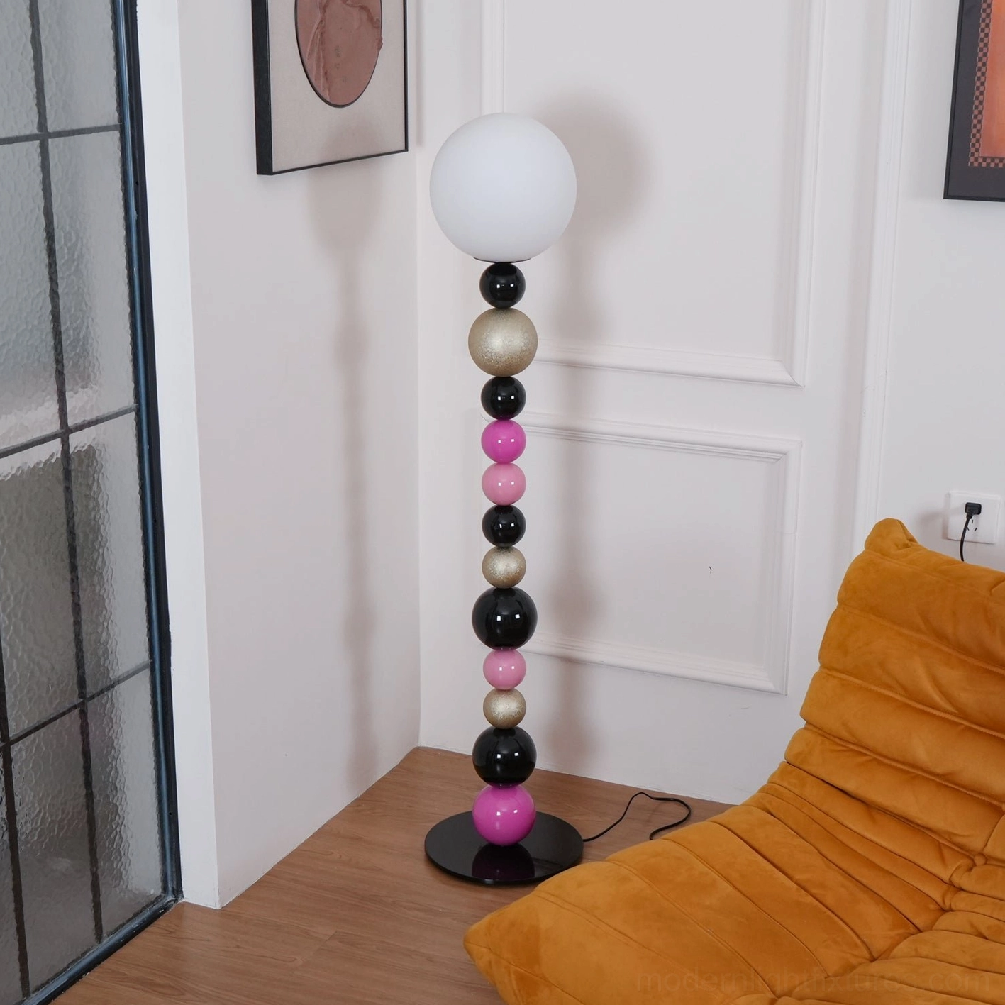 Eclectic beaded ball floor lamp in bohemian interior space, creating vibrant artistic ambiance