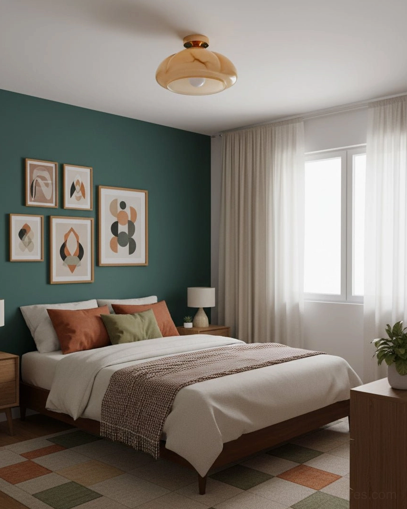 Modern amber ceiling light in bohemian bedroom with teal feature wall and gallery art collection