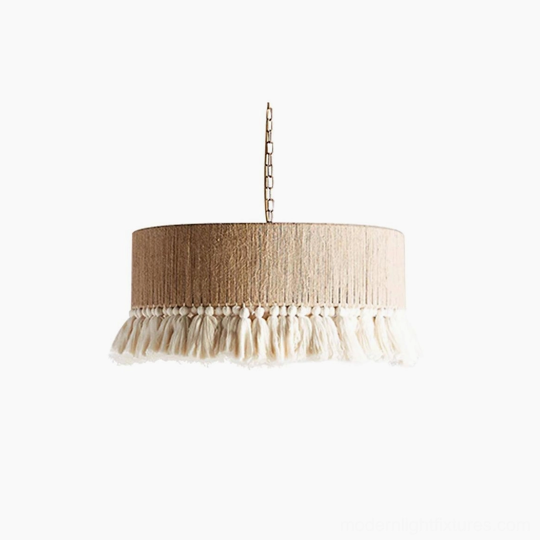 Bohemian drum tassel pendant light fixture overhead view with warm ambient glow