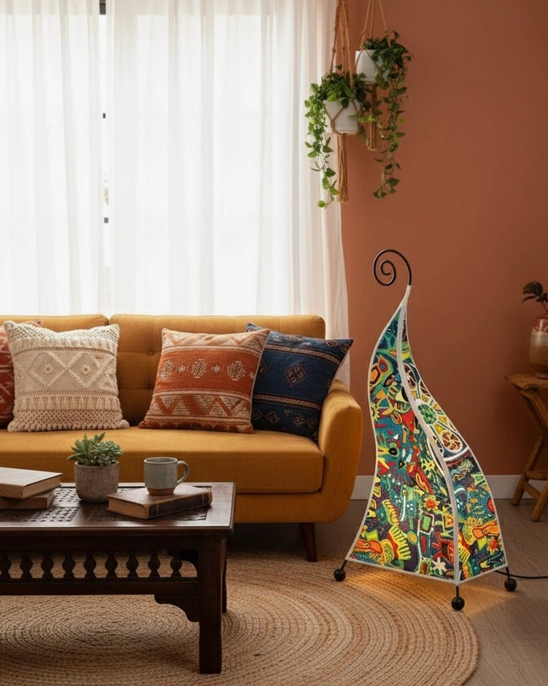 Boho accent floor lamp with bold abstract colorful fabric shade beside mustard upholstered sofa