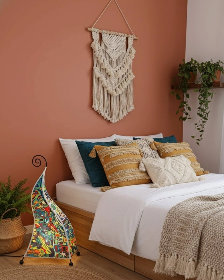 Bohemian floor lamp with warm patterned shade creating ambient lighting in terracotta bedroom