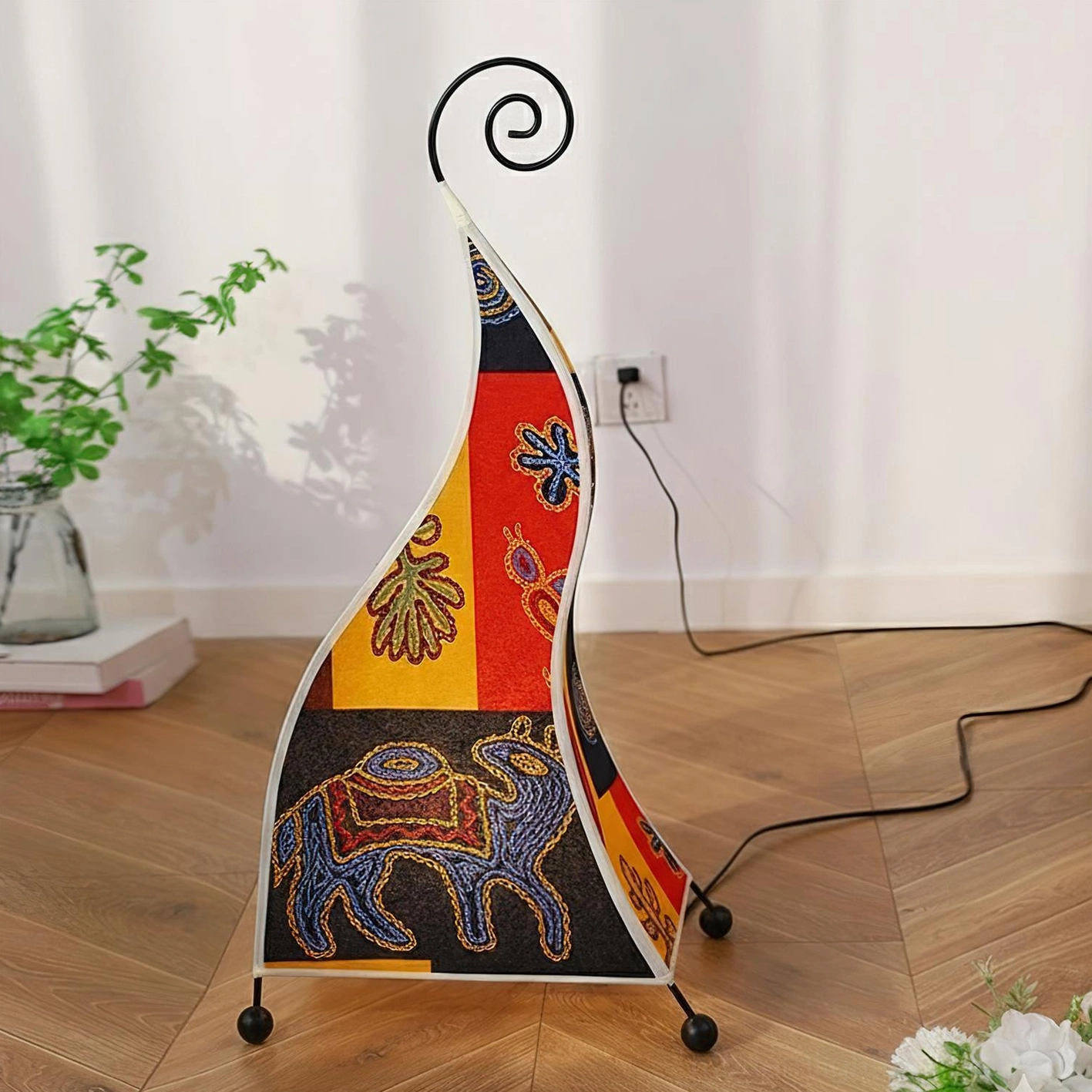 Bohemian floor lamp botanical print model with delicate floral pattern shade