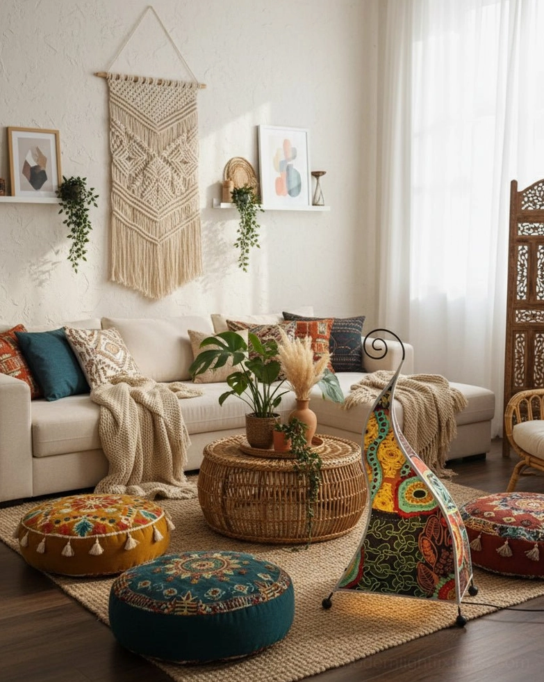 Bohemian floor lamp in creative studio space providing focused ambient illumination