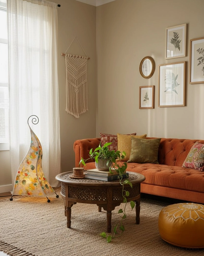 Delicate floral bohemian floor lamp with soft yellow pattern and compact size in neutral boho room
