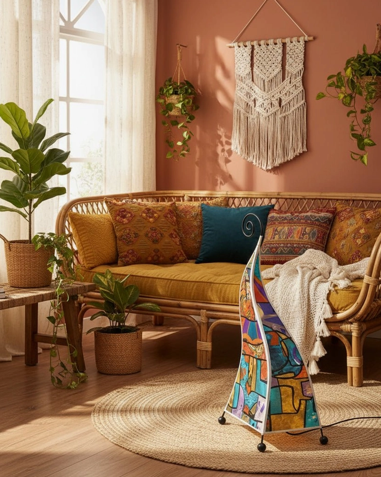 Bohemian floor lamp detail shot showing curved metal body and artistic fabric shade texture