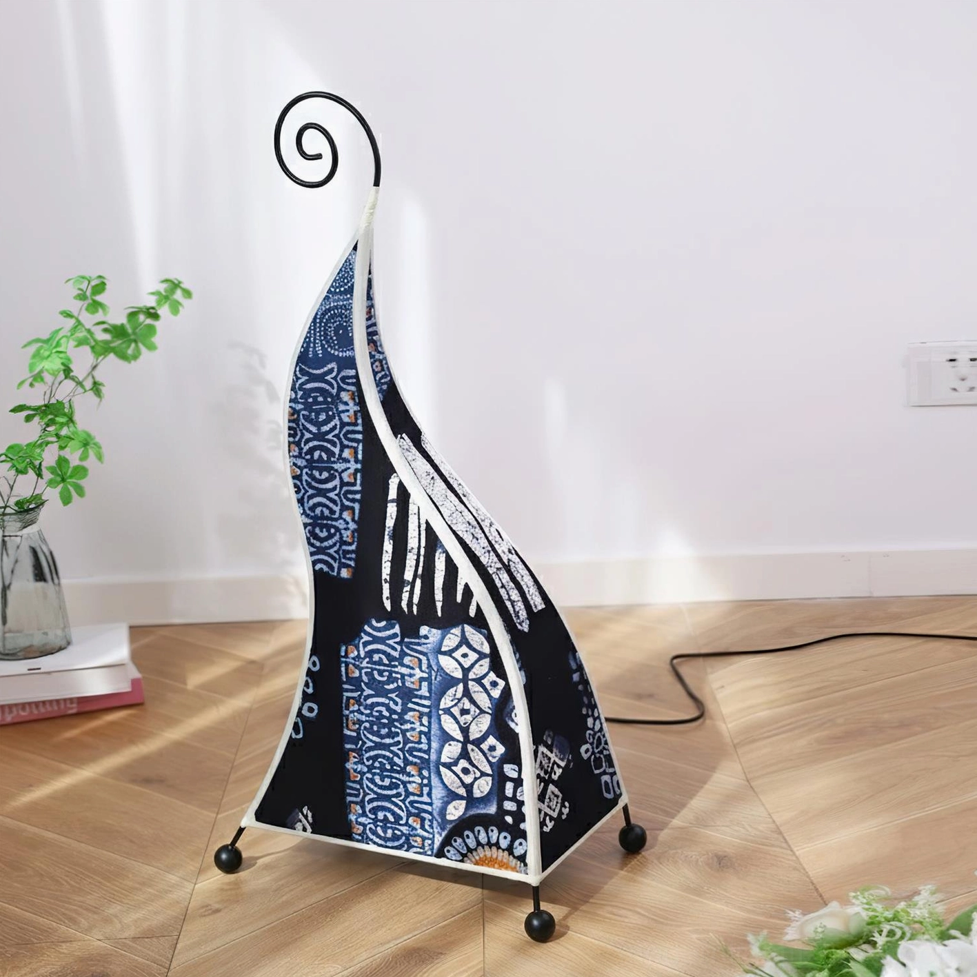 Bohemian floor lamp sustainable eco-friendly fabric shade LED bulb compatible energy efficient