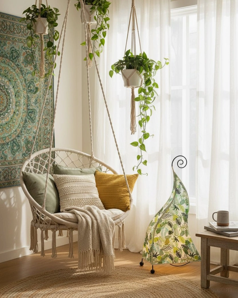 Bohemian floor lamp with fabric shade diffusing warm soft glow in cozy interior space