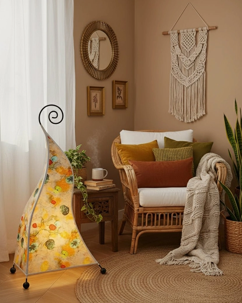 Floral bohemian floor lamp with yellow botanical print shade in warm boho bedroom with rattan chair