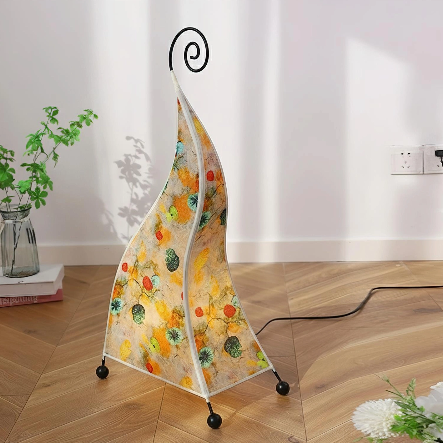 Bohemian floor lamp with foot switch control and extended cord for convenient placement