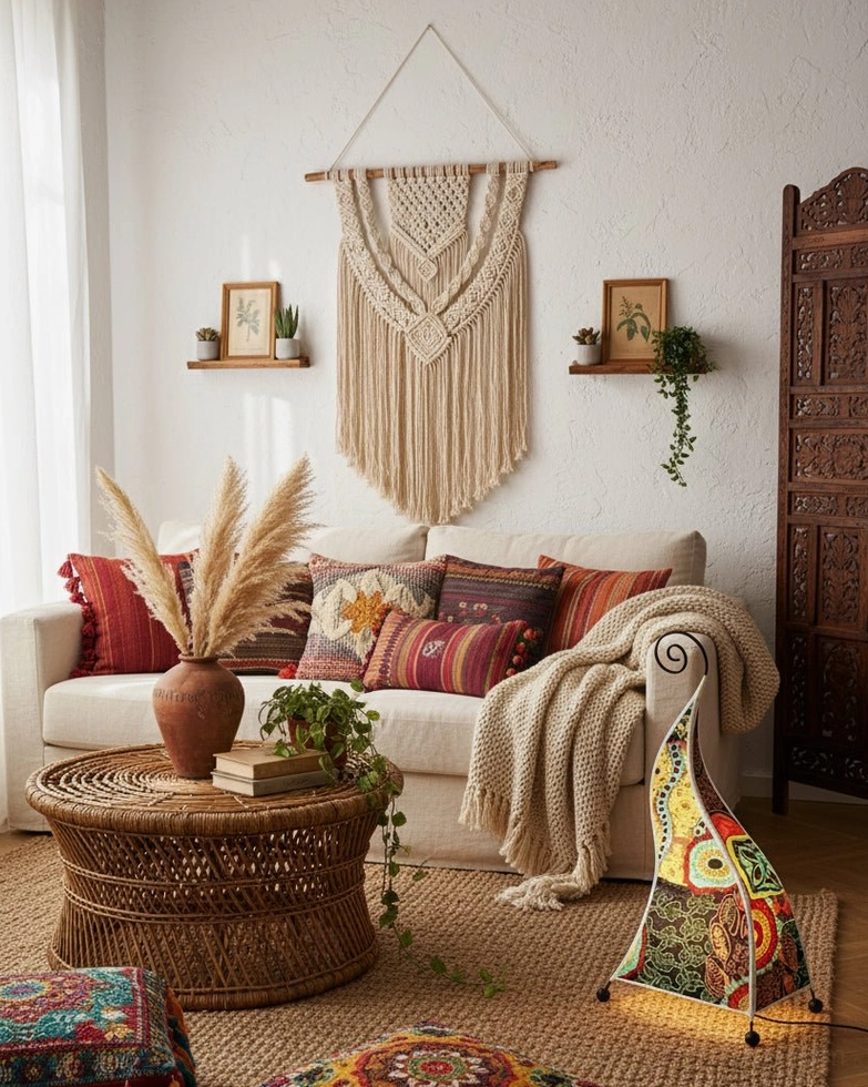 Bohemian floor lamp in eclectic gallery space creating warm artistic ambient lighting