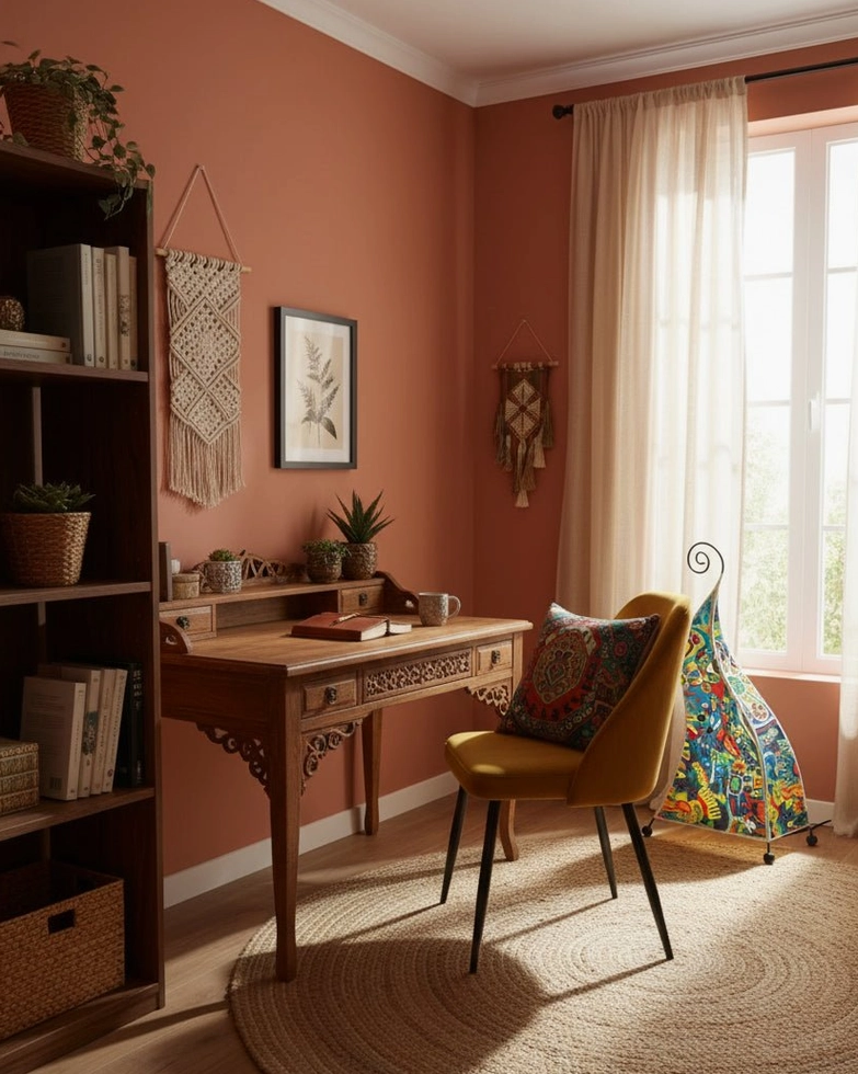 Corner bohemian floor lamp with colorful art shade in minimalist home office with wooden desk