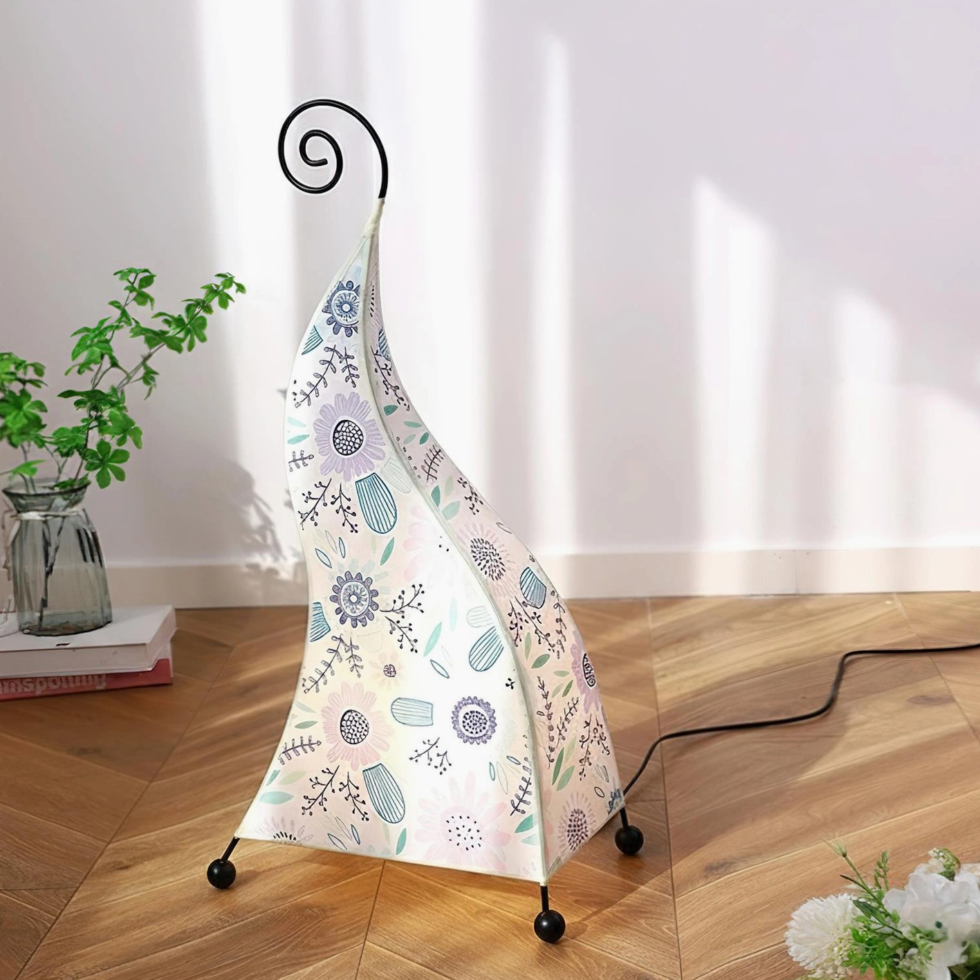 Bohemian floor lamp with leopard print model showcasing animal motif pattern design