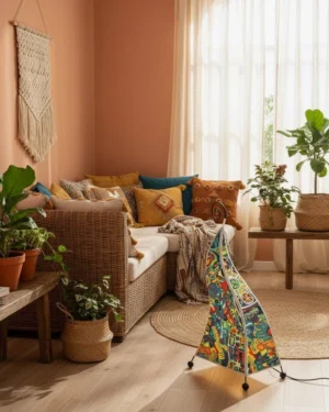 Boho decorative floor lamp placed beside rattan sofa with potted plants in bohemian living room