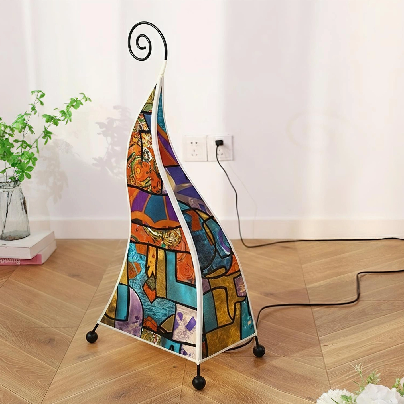 Bohemian floor lamp complementing eclectic maximalist interior design aesthetic