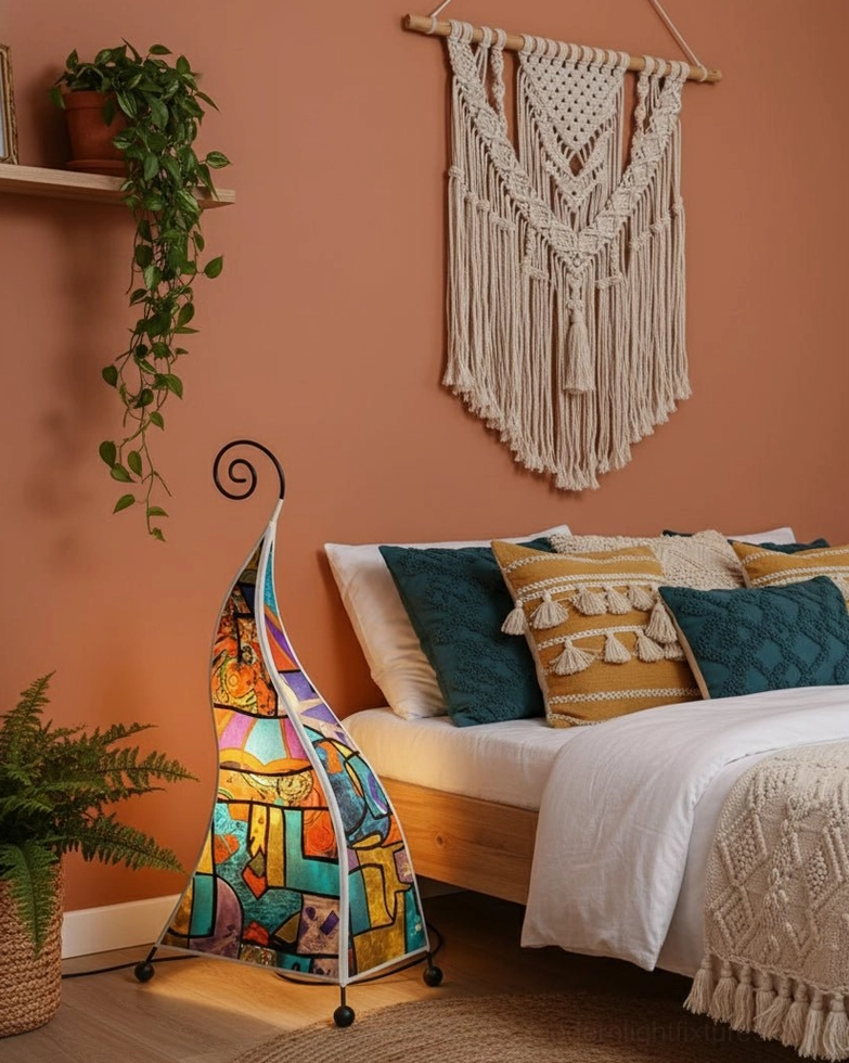 Bohemian floor lamp overhead view showing pattern distribution and shade construction