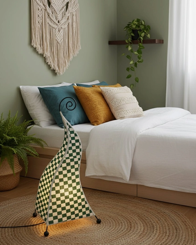 Bohemian floor lamp spiral metal accent detail on curved frame creating organic silhouette
