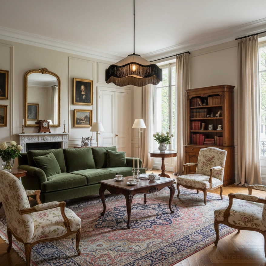 Bohemian tassel pendant lamp hanging in formal living room with green velvet sofa and patterned furniture