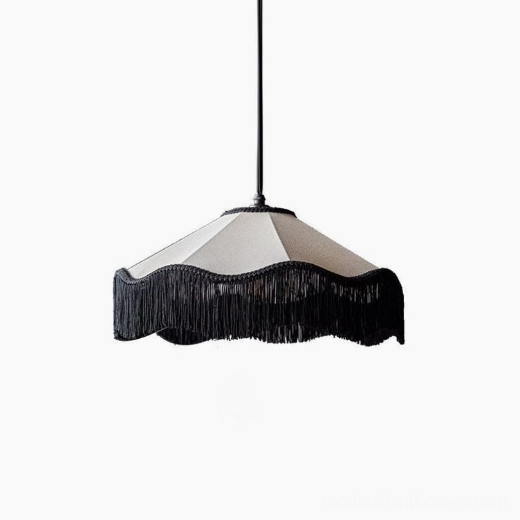 Bohemian fringe pendant lamp in black and white finish ready for room styling and interior design application
