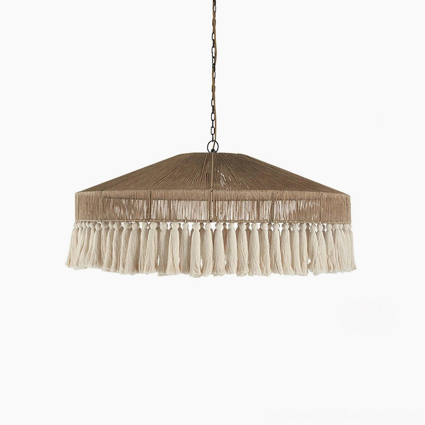 Bohemian fringe tassel pendant lamp in light brown and white finish available in multiple sizes from compact to statement scale, showing size variation options