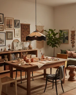 Bohemian tassel pendant lamp hanging in vintage rustic home office with warm earthy decor and solid wood furniture