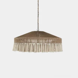 Handwoven bohemian fringe tassel pendant lamp with flat-topped conical hemp rope shade, studio overhead view showcasing natural woven texture and light brown finish