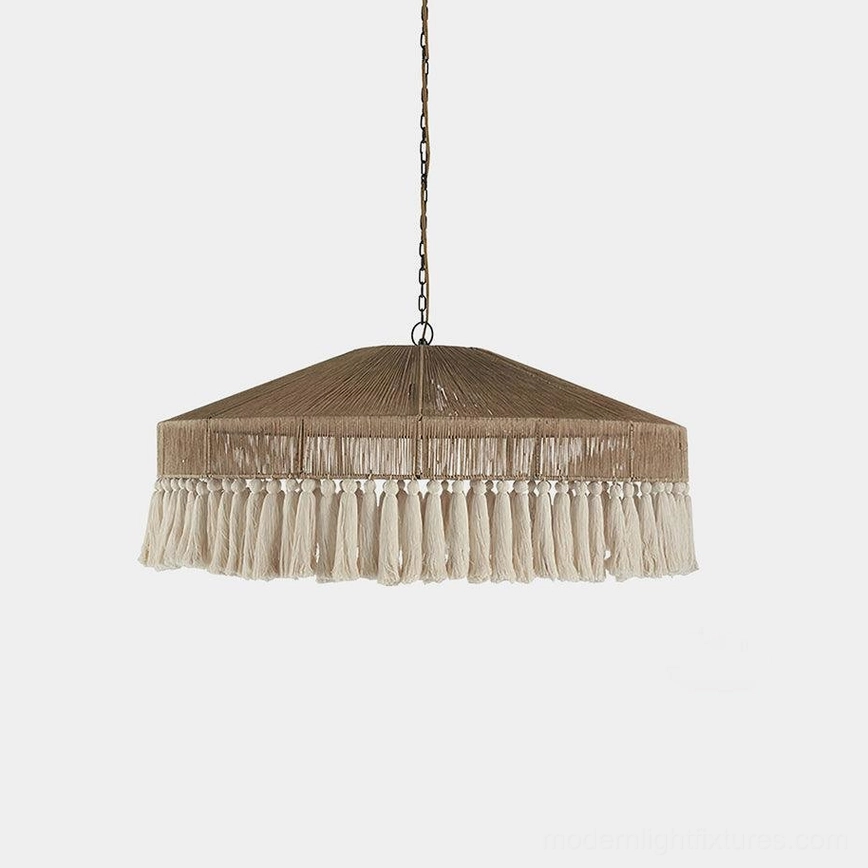 Handwoven bohemian fringe tassel pendant lamp with flat-topped conical hemp rope shade, studio overhead view showcasing natural woven texture and light brown finish