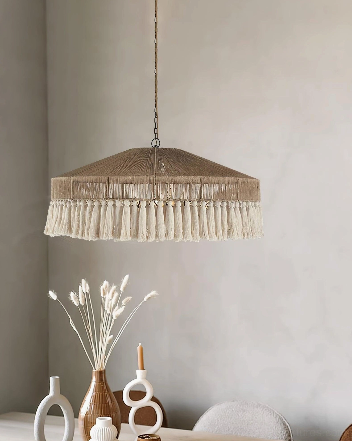 Hemp rope bohemian fringe tassel pendant light detail shot emphasizing handwoven texture, natural fiber construction and artisanal quality