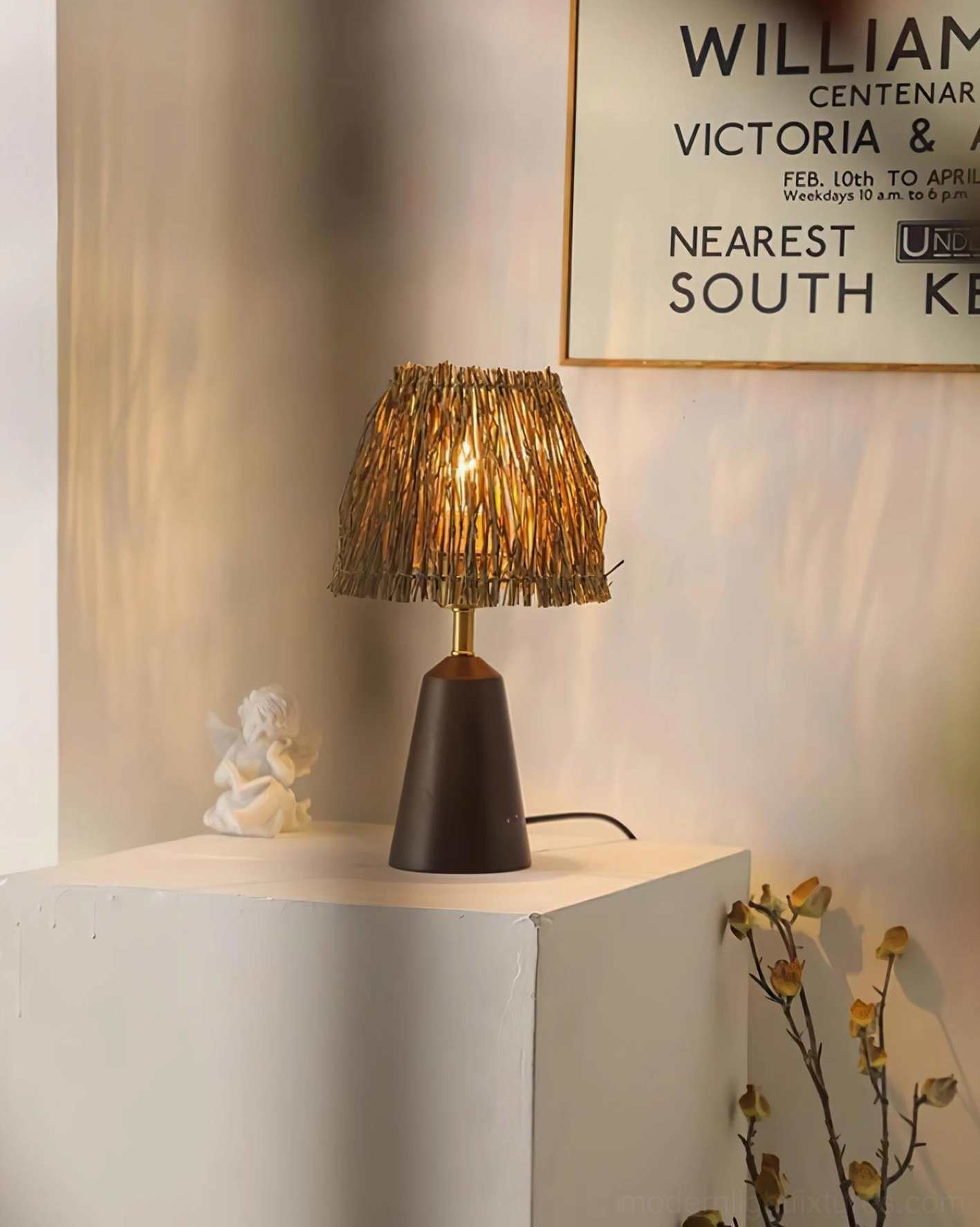 Bohemian woven straw table lamp set matching pair on carved wooden console with floral styling