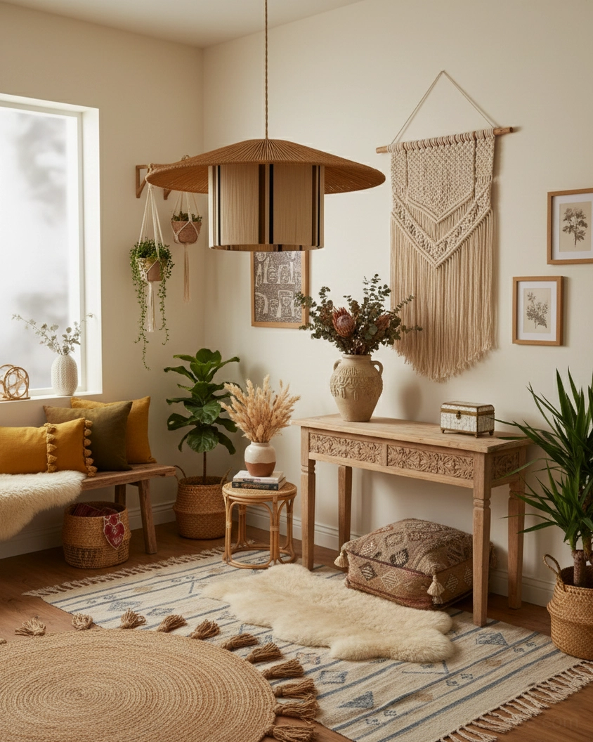 Bohemian pendant light showing full scale presence in contemporary interior with minimalist backdrop