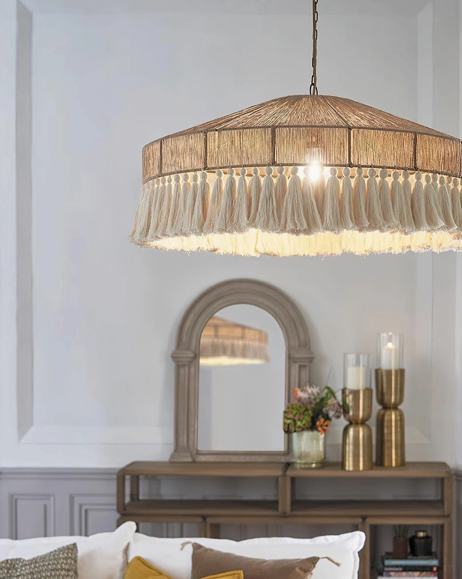 Handwoven bohemian pendant light with adjustable chain and metal hardware visible, demonstrating installation components and flexible hanging system