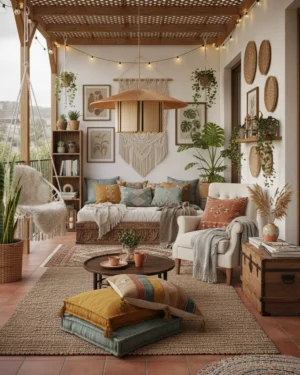 Bohemian pendant lamp hanging in warm boho lounge space, demonstrating ambient lighting and room integration with eclectic decor