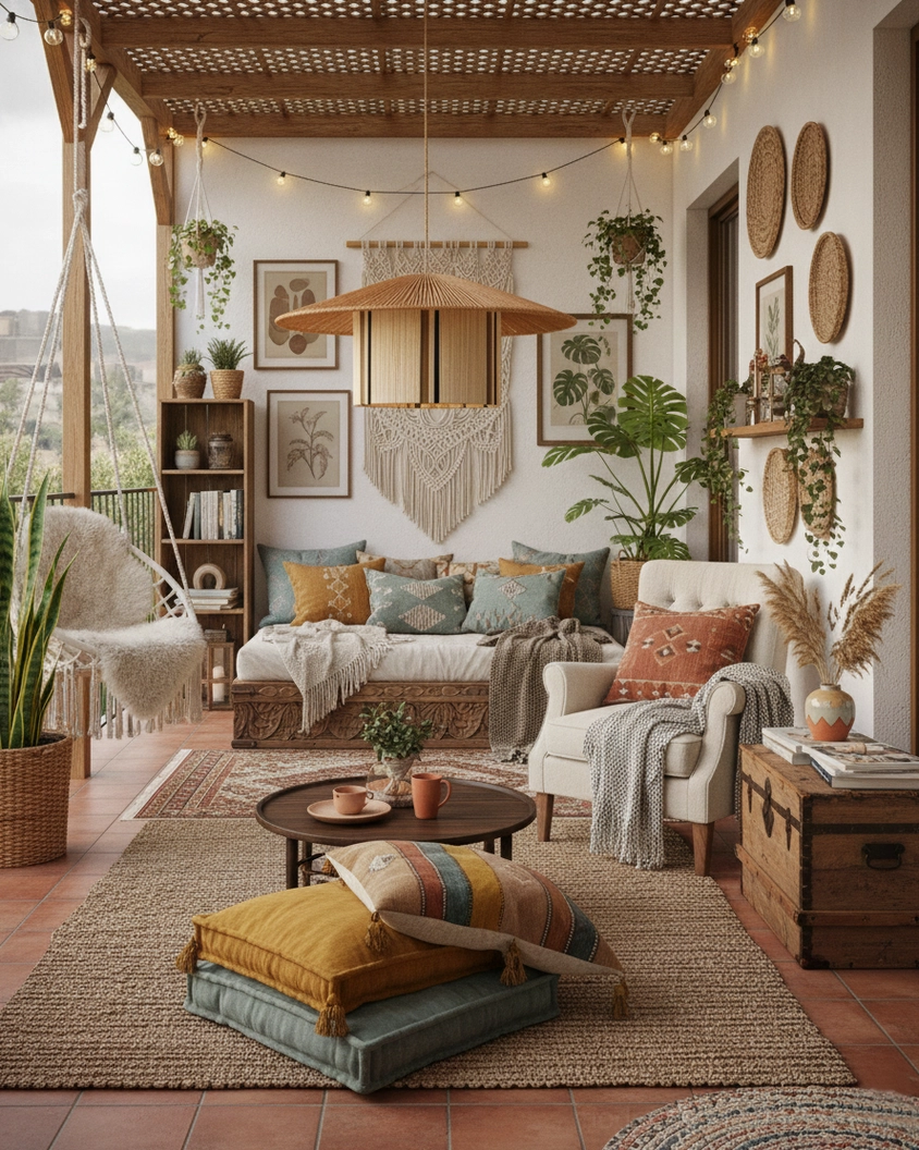 Bohemian pendant lamp hanging in warm boho lounge space, demonstrating ambient lighting and room integration with eclectic decor