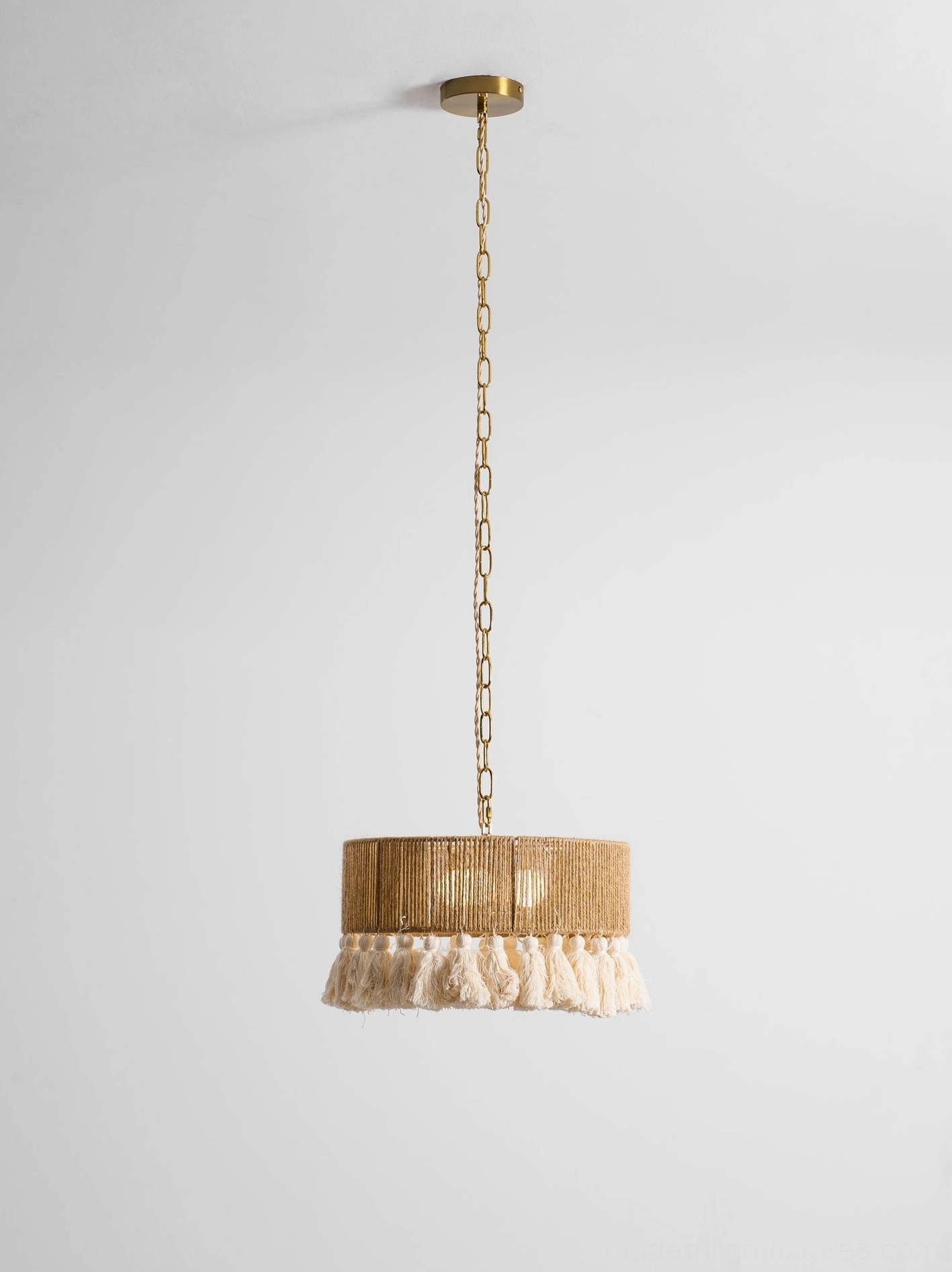 Bohemian pendant lamp model B showing drum shade design with flowing tassel trim