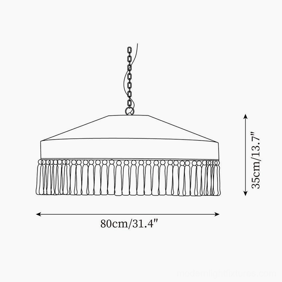 Technical dimension schematic of handwoven bohemian fringe pendant lamp showing 80cm diameter, 35cm height measurements and adjustable chain hanger on white background