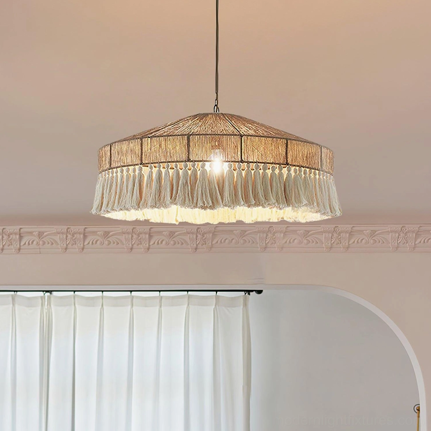 Hemp rope bohemian tassel pendant light creating soft warm ambient illumination, showcasing dimmable compatibility and superior light diffusion properties