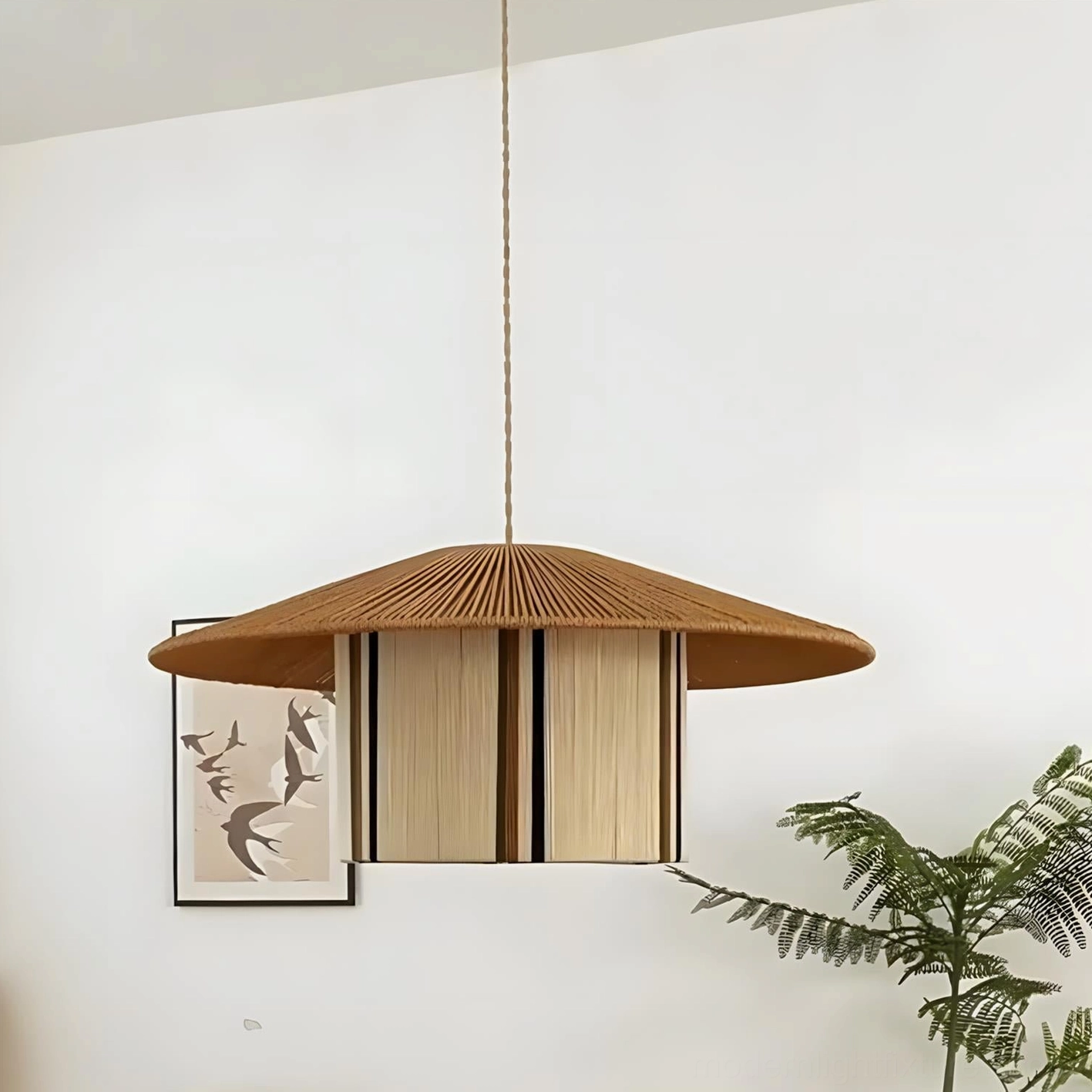 Handwoven bohemian pendant light close-up detail shot highlighting natural cotton rope weave texture and craftsmanship
