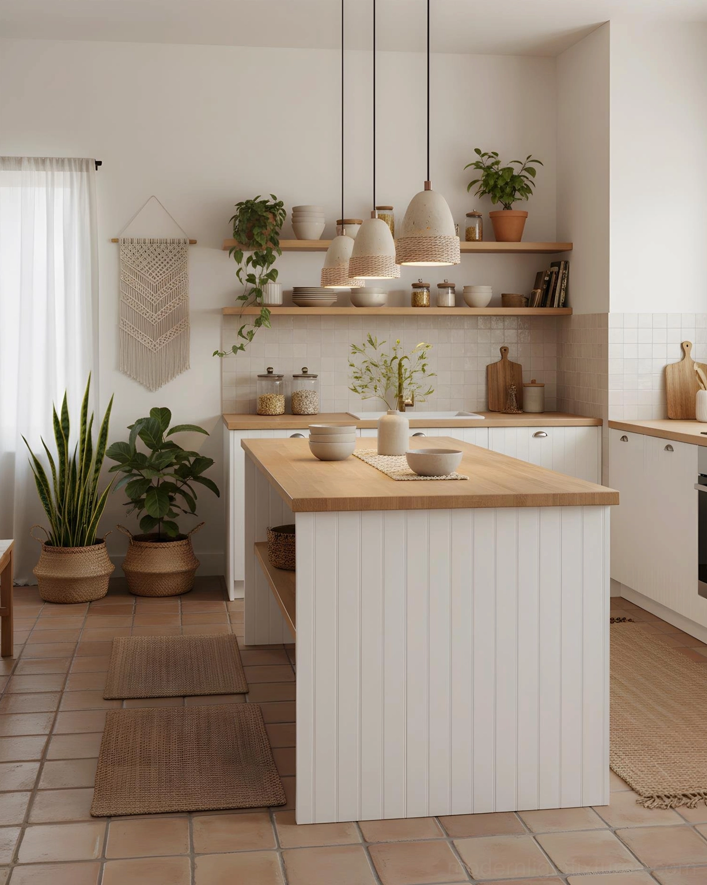 Boho pendant light fixtures in bright open-plan kitchen with green plants and woven wall decor