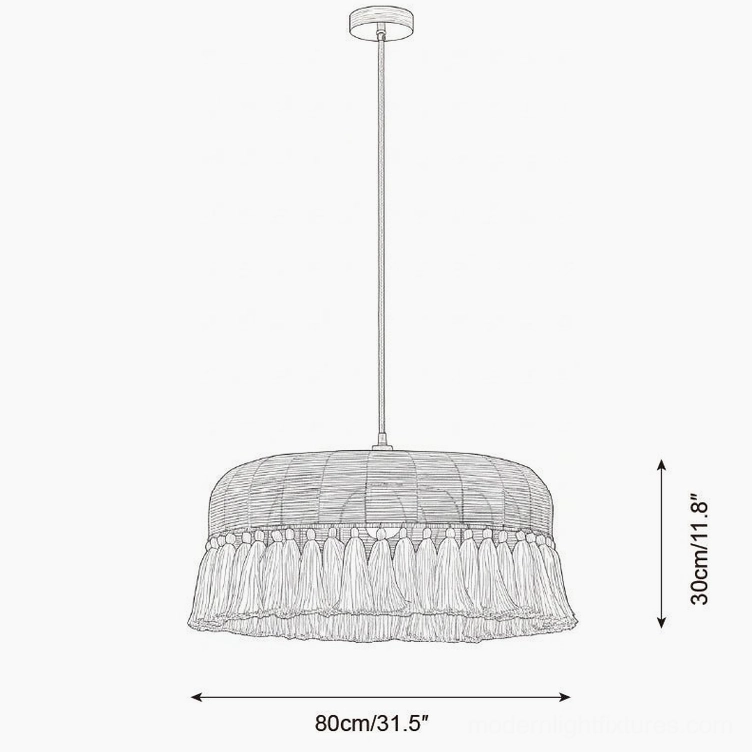 Bohemian rattan pendant fixture size specifications displaying 80cm diameter and 30cm height technical blueprint